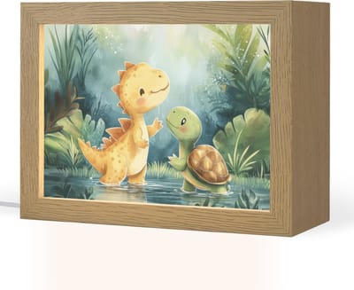 Nachtlampje 20x15 cm - Kinder lampje - Dinosaurus - Schildpad - Illustratie - Aquarel - Tafellamp kinderkamer - Slaapkamer lamp - Bedlamp kinderen - Kinderlampje stopcontact - Wandlamp babykamer - Nachtlampjes