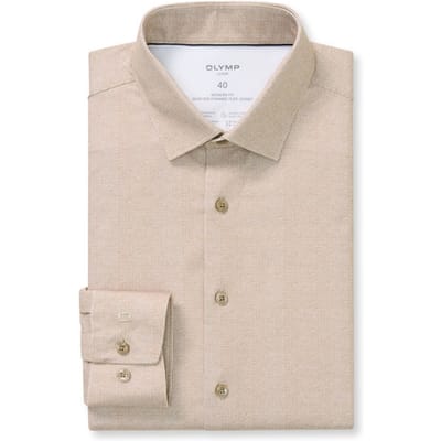 OLYMP 24/7 Luxor modern fit overhemd - tricot - noga bruin dessin - Strijkvriendelijk - Boordmaat: 42 (EU maat: L)