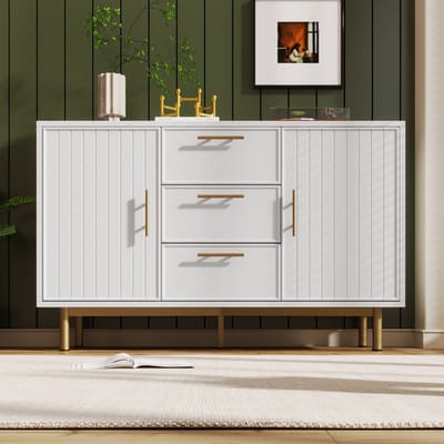 Kommode - 120x40x75 cm - 2 deuren & 3 laden - geribbelde fronten & gouden handgrepen - metalen sokkel