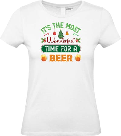 Dames t-shirt Time For A Beer | Foute Kersttrui Dames Heren | Kerstcadeau | Kerstpakket | Wit (Dames) | maat XS