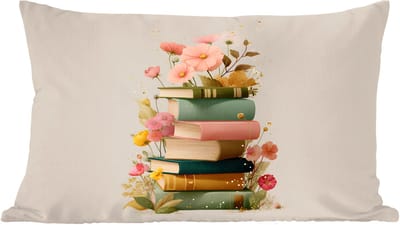 Sierkussens - Kussentjes Woonkamer - 60x40 cm - Boeken - Stapel - Bloemen - Kleurrijk