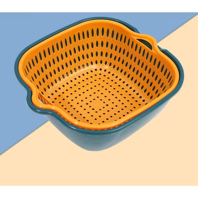 Panier à légumes à double couche, égouttoir à suspension rapide, passoire à fruits multifonction avec côté S jaune/bleu