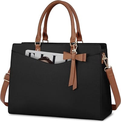 Famanu - Laptoptassen voor vrouwen, 15,6 inch, dameshandtassen, draagtas, grote werktassen, PU-synthetisch materiaal ontwerper-schoudertas voor zakelijk gebruik, kantoor, winkelen of universiteit, Zwart+bruin
