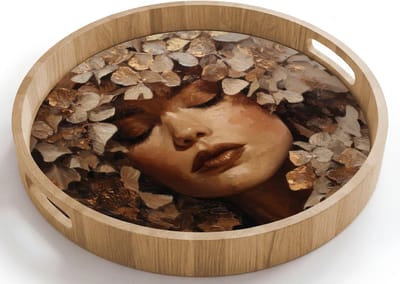 Dienblad rond 40x40 cm - Schootdienblad hout - Gezicht - Vrouwe - Bladeren - Penseelstreken - Borrelplank rechthoek - Plateau houten dienbladen