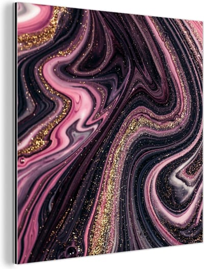 Wanddecoratie Metaal - Aluminium Schilderij Industrieel - Marmerlook - Roze - Paars - Goud - Luxe - Marmer - 90x90 cm - Dibond - Foto op aluminium - Industriële muurdecoratie - Voor de woonkamer/slaapkamer
