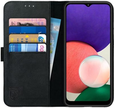 Rosso Deluxe Echt Leer Book Case Hoesje Geschikt voor Samsung Galaxy A22 5G | Ruimte voor drie pasjes | Portemonnee Book Case | Met Pasjeshouder | Zwart