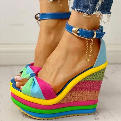 Elegante INS Regenboog Kleurrijke Nieuwe Zomer Wiggen Sandalen Party Platform Extreme Hoge Hakken Schoenen Vrouw Plus Maat 43 35 brown