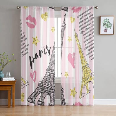 Eiffeltoren Liefde Tule Gordijnen voor Slaapkamer Hal Woonkamer Decor Chiffon Gordijn voor Balkon Keuken Huis Gordijnen 135W x 114H(cm) white