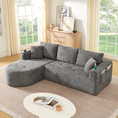 Moderne Hoekbank, L-Bank, 3-Zitsbank, L-vormige Hoekbank als Cloud Couch in Zelfmontage-uitvoering met Hittebestendige Roestvrijstalen Bekerhouder en Ademende en Duurzame Linnen Bekleding, Inclusief Handige Zijvakken en Armleuningen-Grijs