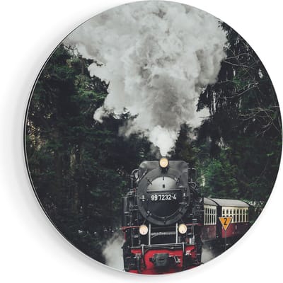 Artaza Dibond Muurcirkel Locomotief in de Bossen met Stoom Wolken  - Ø 90 cm - Groot - Wandcirkel - Rond Schilderij - Voor Binnen en Buiten