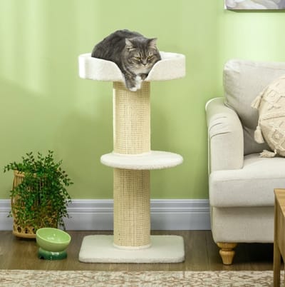 MEUNIQ krabpaal 91 cm met kattenbed, sisal krabpaal, zitplatforms en uitneembaar kussen, 45 x 45 cm, crème, voor katten en krabmeubel binnenshuis