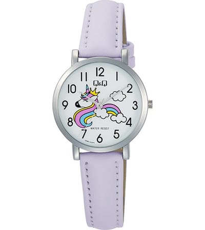 Q&Q Q58A-012PY - Horloge - Polshorloge - Analoog - Vrouwen - Dames - Leren band - Rond - Metaal - Cijfers - Eenhoorn - LichtPaars - Zilverkleurig