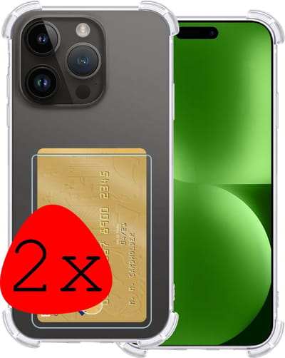 Hoesje 2 Stuks - Geschikt voor Apple iPhone 15 Pro - Met Pashouder en Kaarthouder - Telefoon Hoes Shockproof - Siliconen Case - Back Cover - Shock Proof - Pasjes Houder - Transparant