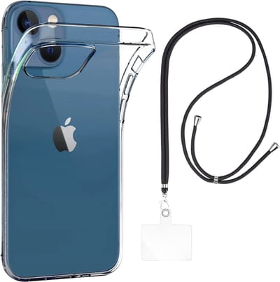 Set met hoesje en nekband voor iphone 14 - Flexibele, transparante TPU-bescherming, verstelbare universele nekband voor mobiele telefoons, zwarte nekband, transparante draagriem van Phonillico®