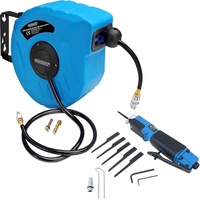 Perslucht slanghaspel - Automatische haspel - Werkplaats organiseren - Inclusief metaalzaag - 10 meter slang - Blauw zwart