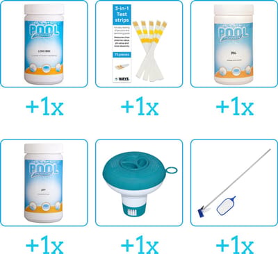 Zwembad Onderhoudspakket - Onderhoud Zwembad - bevat Chloor - Testrips - PH-min - PH-plus - Chloordrijver en Schoonmaakset (6-delig)