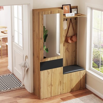 HAUSS SPOLE Garderobeset – Garderobekast Met Spiegel En Zithoek – 5 Haken En 2 Schoenkasten Met Verstelbare Planken – MDF – 98,5x38x191 cm – Zwart/Naturel