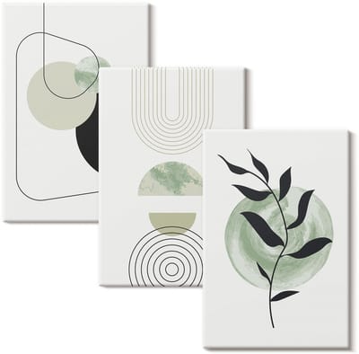 Wallfluent Set van canvas schilderijen - Abstracte vormen en plantenmotieven in groen Canvas Schilderijen Set - set 3 stuks 20x30 cm - Groente Set van Canvas Prints - Abstractie Canvas Kunst Set - Boheemse Canvas Kunst Set