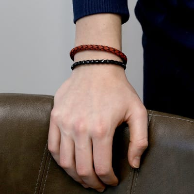 Frank 1967 7FB-0663 Gevlochten Lederen Armband - 6,8mm - 21cm - Leer - Staal - Rood - Zwart