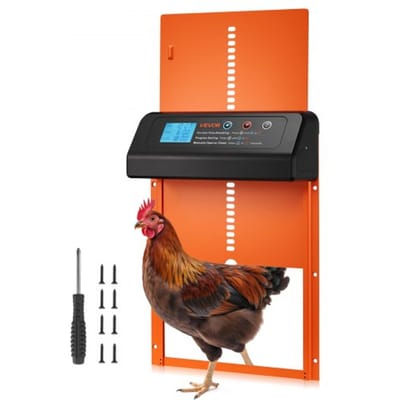 VEVOR Automatisch Kippenluik, Kippenhokdeur met Timer, Handmatige Verstelling & Anti-knelbeveiliging, Kippenluik, Kippenrenpoortopener met Waterdichte Afdichting, Oranje, 350x250x73 mm