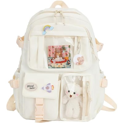 Preppy Schooltas Studentenrugzak Nylon Leuke Meisjesrugzak Badgehanger Reistas Schooltas 16 inches beige