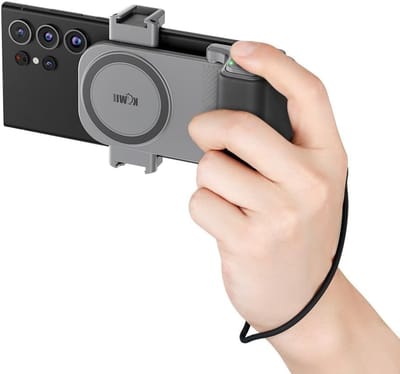 Verbeterde grip voor smartphonecamera's met afneembare Bluetooth afstandsbediening, ideaal voor vloggers en videomakers, geschikt voor iPhone en Android telefoons van 59-85mm breed.