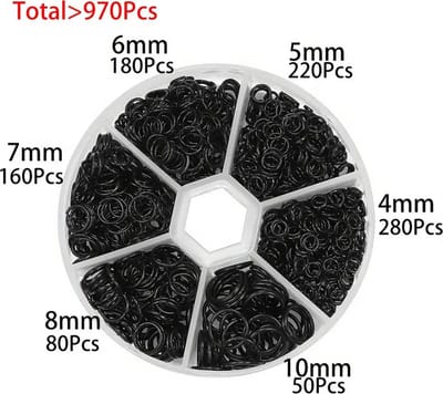 MGM Trading - 1 st 6-raster sieradenmaakset, Zwart, diverse maten 5-10 mm ijzeren open ringetjes, ijzeren cirkel, voor doe-het-zelf oorbellen en sieraden maken, opbergdoos inbegrepen