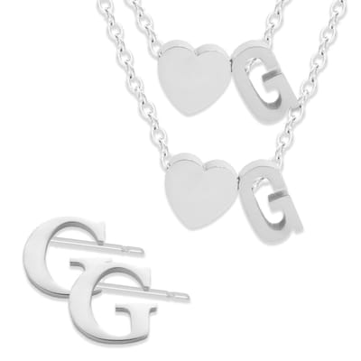 Initiaal Ketting & Armband & Oorbellen set met Letter G Zilverkleurig - Stainless Steel - Met letter & Hartje! - 3x Sieraden Cadeau - Pax Amare