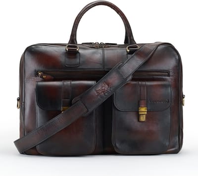 DE LAMASSU® ( Kian ) leren laptoptas 17 inch – unisex XL business tas met trolleyband, 2 voorvakken & schouderriem – grote leren aktetas voor kantoor, werk en reizen