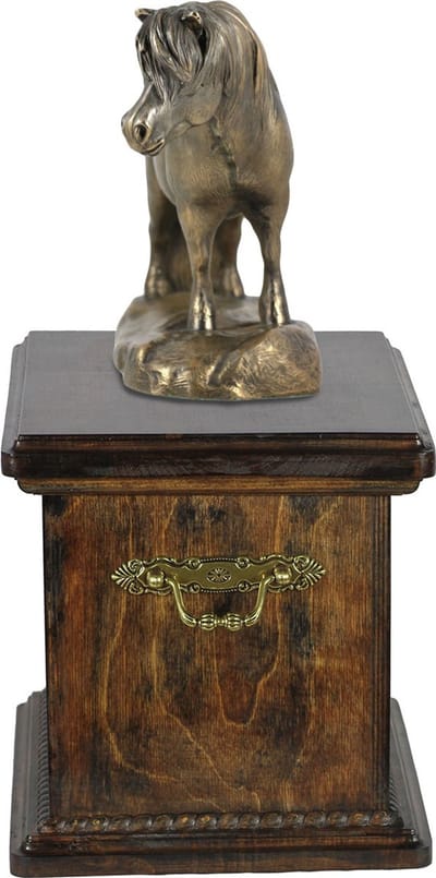 Elegante urn voor paardenas met hondensculptuur van een Shetland Sheepdog