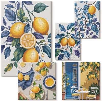 Wallfluent Set van canvas schilderijen - Citrusinspiraties in Provençaalse stijl voor de keuken Canvas Schilderijen Set - Set van 5 Canvas Schilderijen - Geel Set van Canvas Prints - Voedsel Canvas Kunst Set - Boheemse Canvas Kunst Set