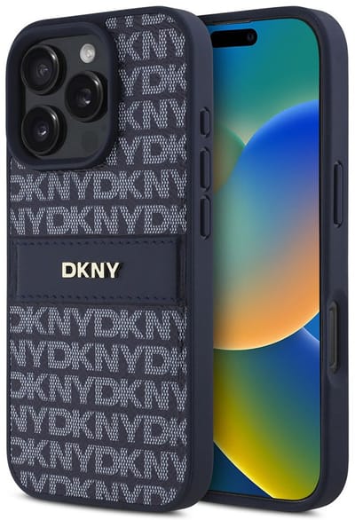 DKNY, Hoesje geschikt voor iPhone 16 Pro - Repeat Pattern Tonal Stripe Edition met Metalen Logo, Blauw