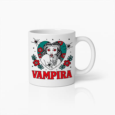 Vampira Mok – 330ml Gotische Koffiemok met Retro Horror Design – Uniek Cadeau voor Vampierliefhebbers & Halloween Fans