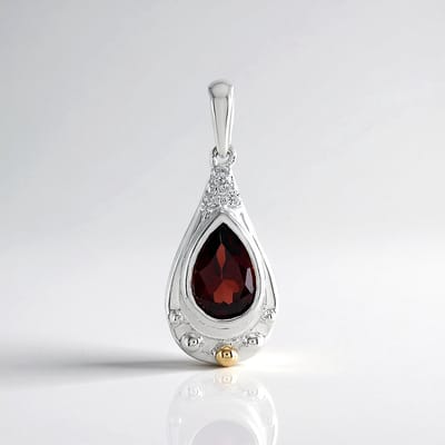 Cavill - Zilveren Hanger - 925 Sterling Zilver - 1,406 ct Mozambique Granaat Peervorm - 14K Goud Granulering - Zirkonen Pavé