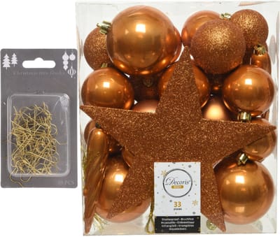 33x stuks kunststof kerstballen 5, 6 en 8 cm cognac bruin inclusief ster piek en kerstbalhaakjes - Kerstversiering - Onbreekbaar