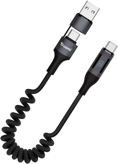 Trusmi | 100W Gevlochten | Spring Cable | 2-in-1 Oplaadkabel }| USB-C naar USB-C | USB-A naar USB-C | Zwart