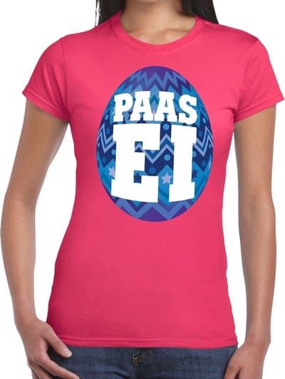 Roze Paas t-shirt met blauw paasei - Pasen shirt voor dames - Pasen kleding S