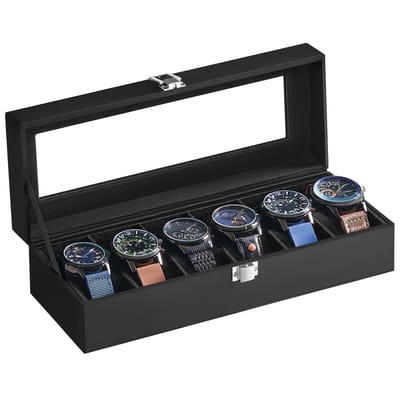 SONGMICS - Horloge Doos - Met 6 Vakken - Glazen Deksel - Verwijderbare Kussens - Metalen Sluiting