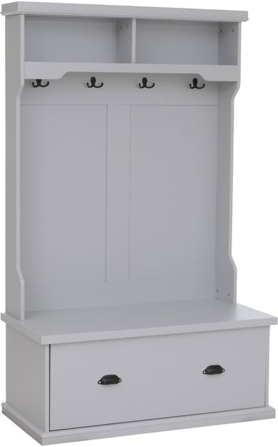 Garderobekast MCW-P27, halgarderobekast, houten garderobekast met zitbank, 4 haken, opbergvak, melamine, 163 x 100 x 47 cm ~ lichtgrijs