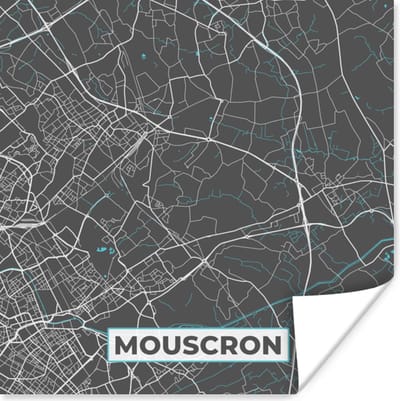 Poster Plattegrond – Mouscron – Blauw – Stadskaart - Kaart - België - 100x100 cm XXL