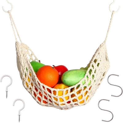 Handgeweven bananenhaak, onder kast, hangende fruitmand, katoen, opvouwbaar opbergnet voor keuken, afneembare groentehouder en hangmat, crèmewit