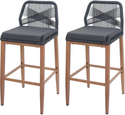 Set van 2 Touw barkrukken MCW-O21, buiten zitkussen touw vlechtwerk metaal hout-look ~ antraciet, donkergrijs kussen