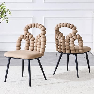 Pugsdrly Veelzijdige eetkamerstoelen in licht camelkleurig fluweel (set van 2) met rugleuning met kettingen – Stevige metalen poten, zwart geverfd, ideaal voor eetkamers, kleedkamers en woonkamers