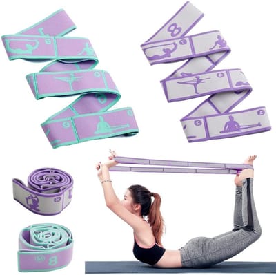 Set van 2 rekbare yoga stretchbanden met 8 lussen, ideaal voor yoga, pilates en fitnessoefeningen, perfect voor flexibiliteit en krachttraining.