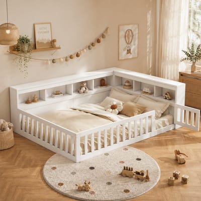 Kinderbed 140x200 cm - Tweepersoonsbed - Vloerbed - Grondbed - Multifunctioneel bed - Open opbergruimte - Met hoofdeinde - Met stopcontact en USB-poort - Met vangrail - Dennenhout - Ruimtebesparend - Snelle montage - Wit