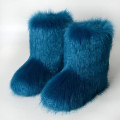 Dames Faux Fur Laarzen Winter Pluizige Pluche Warme Middenkuit Sneeuwlaarzen Luxe Mode Furry Laarzen Comfortabele Outdoor Platte Schoenen 36 blue
