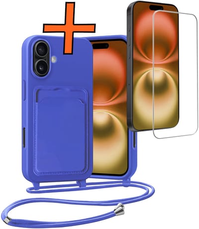 Hoesje Geschikt voor iPhone 16 Plus Hoesje Met Telefoonketting Pasjeshouder Case Met Screenprotector Koord - Hoesje Geschikt voor iPhone 16 Plus Hoes Met Kaarthouder - Felblauw