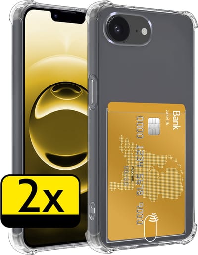 Hoesje - 2 Stuks - Geschikt voor Apple iPhone 16e - Met Pashouder en Kaarthouder - Telefoon Hoes Shockproof - Siliconen Case - Back Cover - Shock Proof - Pasjes Houder - Telefoonhoesjes - Transparant