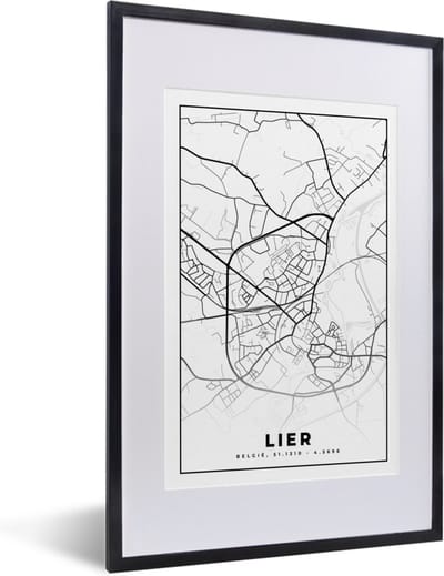 Fotolijst incl. Poster Zwart Wit- België – Lier – Stadskaart – Kaart – Zwart Wit – Plattegrond - 40x60 cm - Posterlijst