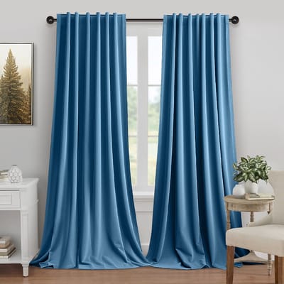MUPOO Hotelkwaliteit Luxe Velours verduisterend Gordijnen Kant en Klaar 2 Stuks -Zware kwaliteit 260 GSM-Isolerend & tegen kou -Tochtwerend - 3-in-1 ophangsysteem- Logeerkamer &Slaapkamer - Blauw - 132x305 cm